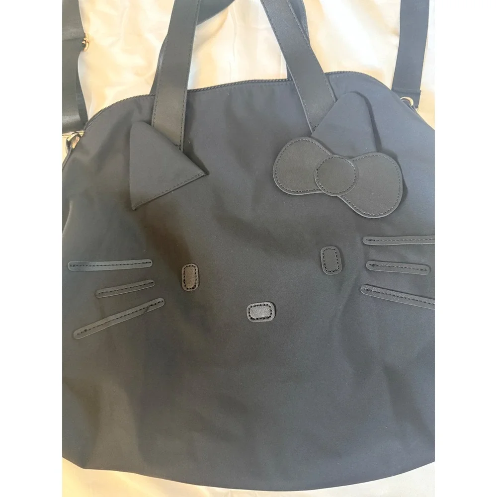 Hello Kitty Face Black Nylon Tote Bag Crossbody Travel Satchel Large Bow Unbrand